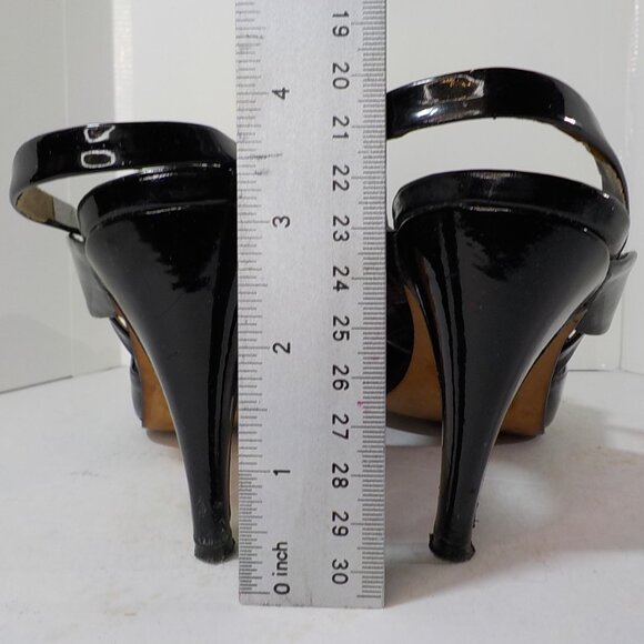 VIA SPIGA, Black Patent Leather, Sling Back Pumps with Suede Button Accent - Picture 8 of 11